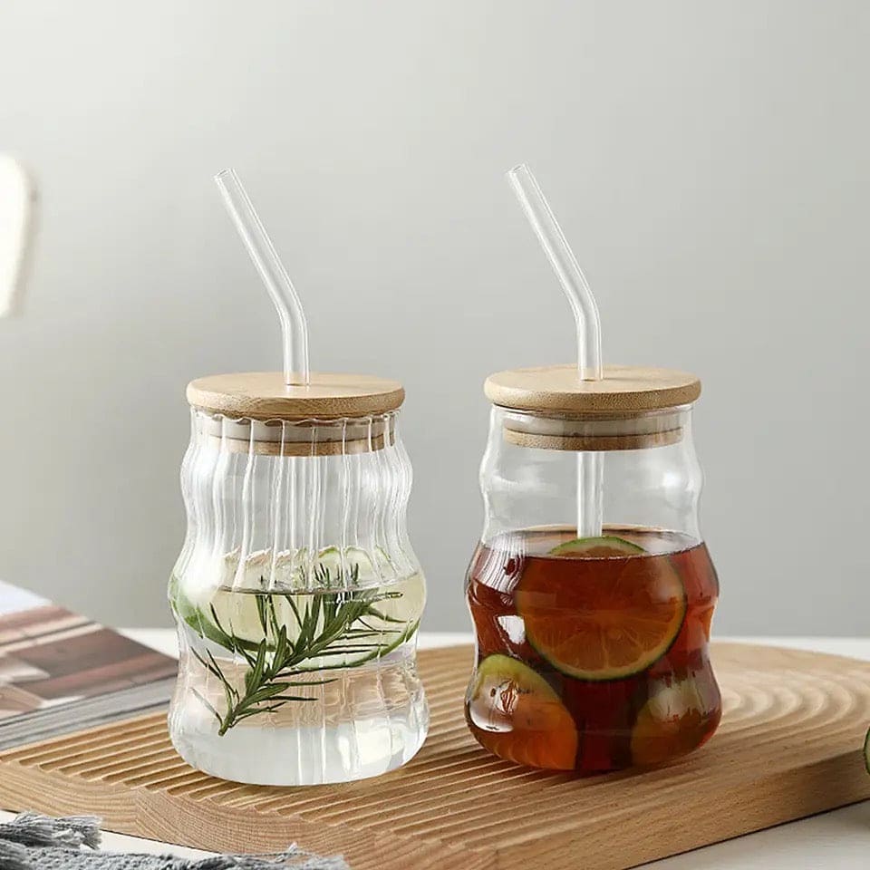 Clear Straw Cup with Bamboo Lid | Mason Jar Cup 400ml