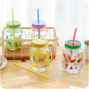 Glass Transparent Fruit Juice Mason Jar with Lid & Straw 450ML