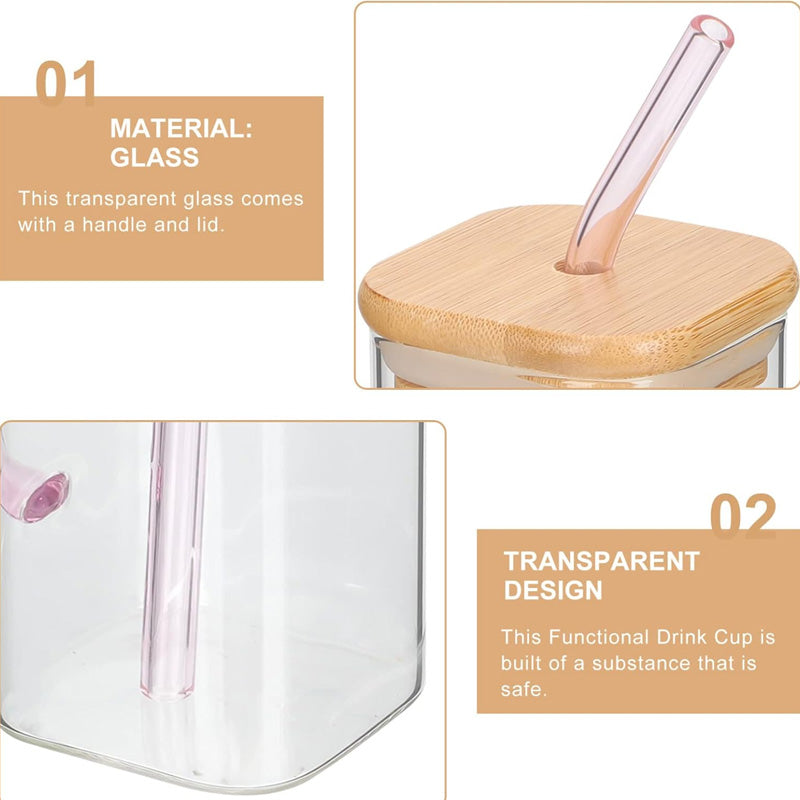 Square Glass Cup With Bamboo Lid & Straw