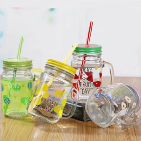 Glass Transparent Fruit Juice Mason Jar with Lid & Straw 450ML