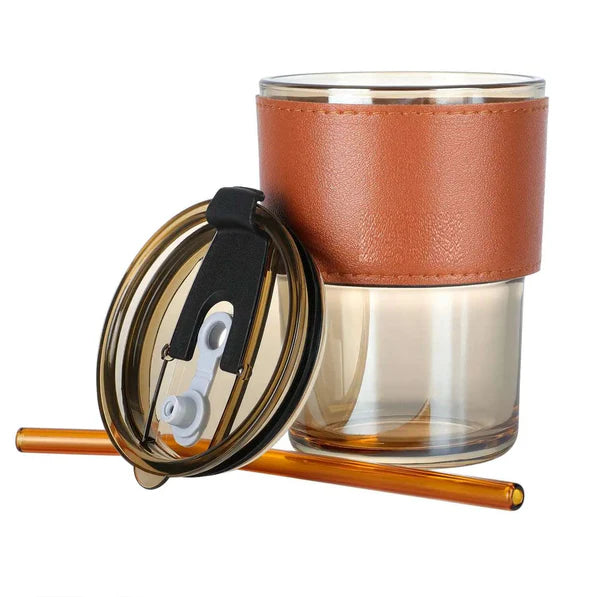 Glass Tumbler with Straw, Lid & Leather Sleeve 450ml