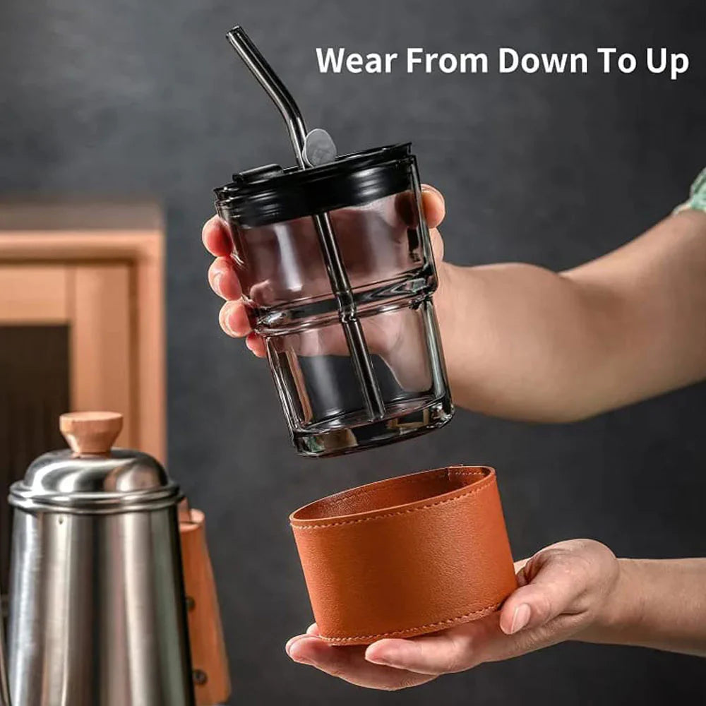 Glass Tumbler with Straw, Lid & Leather Sleeve 450ml