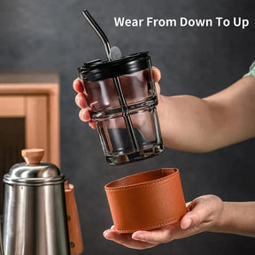 Glass Tumbler with Straw, Lid & Leather Sleeve 450ml