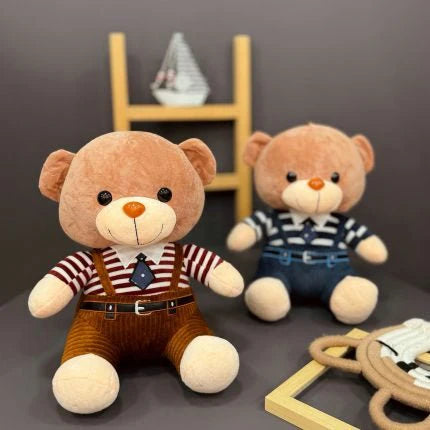 Adorable 40cm Plush Teddy Bear Brown with Striped Outfit and Tie