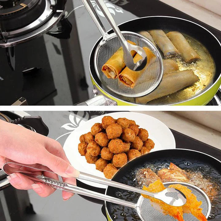 2 in 1 Stainless Steel Frying  Tong with Strainer