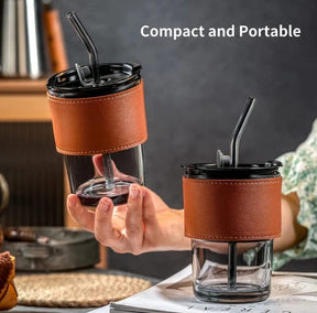 Glass Tumbler with Straw, Lid & Leather Sleeve 450ml