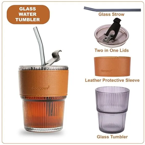 Glass Tumbler with Straw, Lid & Leather Sleeve 450ml