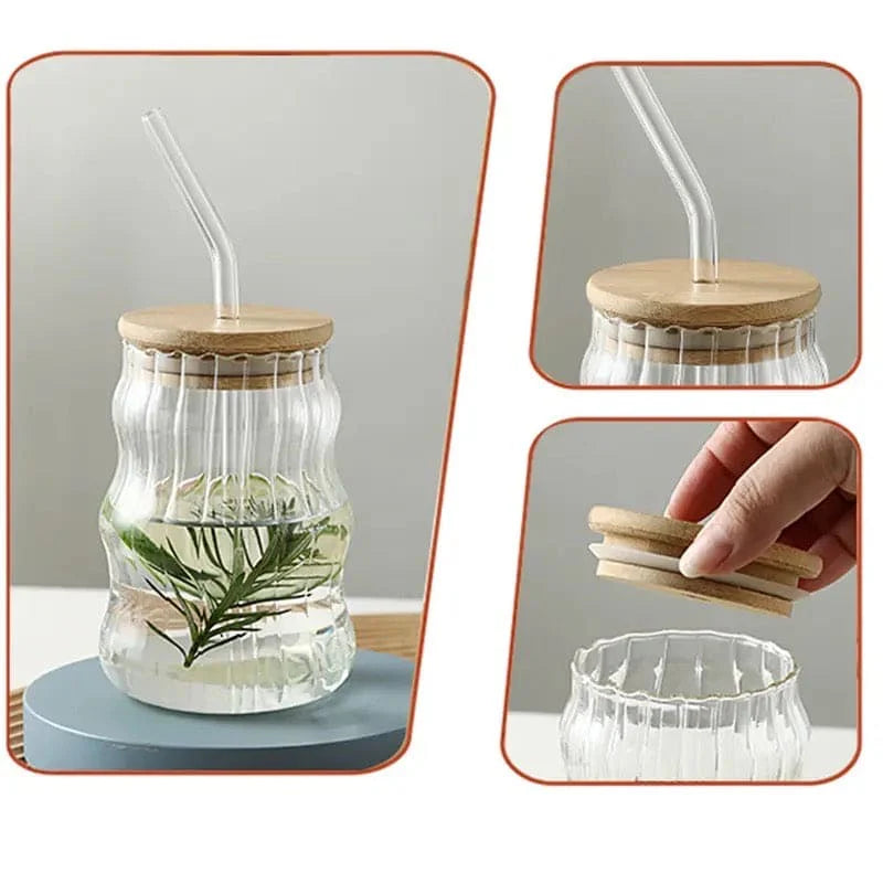 Clear Straw Cup with Bamboo Lid | Mason Jar Cup 400ml